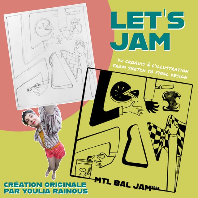 Sketch before and after for the « Let's Jam » shirt